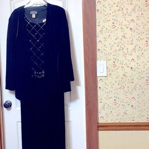 Long black velvety dress by Karen Miller with black velvety jacket by Alex